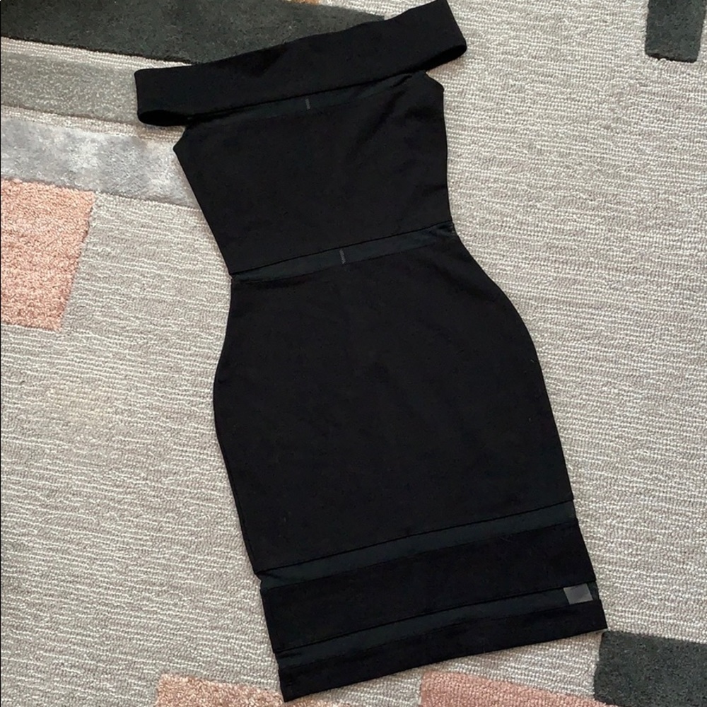 French Connection off the shoulder body con dress with sheer stripes size xxs